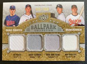 lot 4D image: Joe Mauer Quad Relic 400, 2009 Upper Deck Ballpark Collection Emerging Stars #229, numbered 091400, Rare Minnesota Twins Baseball Card