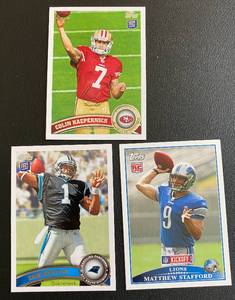 lot 27F image: NFL QB 3 RC Lot - Matthew Stafford, Cam Newton, Colin Kaepernick Rookie Football Cards