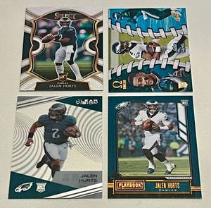 lot 30F image: Jalen Hurts 4 RC Lot - 2020 Chronicles Clear Vision, Omega, Select, and Plybook Rookie Football Cards