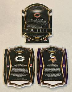 lot 31F image: 2020 Select Purple Diecut 3 Card Lot - Randy Moss Premier Level #112, Aaron Roders Premier Level #111 and Kalil Mack #8 Football Cards