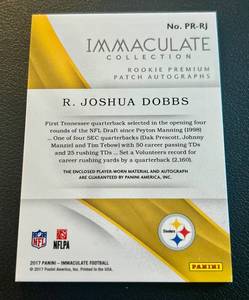 lot 5 image: Josh Dobbs RPA RC 99 2017 Immaculate Premium Patch Autographs, numbered 5299, Minnesots Vikings Football Card