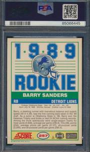 lot 2A image: Barry Sanders RC PSA 9 Mint 1989 Score #257 Rookie Football Card