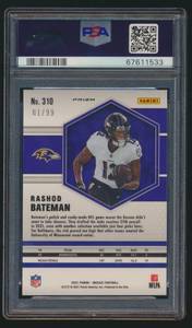 lot 17 image: Rashod Bateman Numbered 0199 RC 2021 Blue Mosaic #310 PSA 9 Mint Rookie Football Card