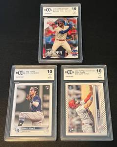 lot 98B image: 3 Baseball Card Gem Mint 10 Lot - 2019 Topps National Baseball Card Day Bryce Harper, 2022 Topps Josh Lowe #479 and Juan Yepez #506