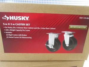 lot 22 image: (EW7) 2 - Husky 5 x 2 Caster 4pc Sets - 2 Rigid with Brakes  2 Swivel Per Box