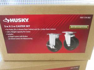 lot 24 image: (EW7) 2 - Husky 5 x 2 Caster 4pc Sets - 2 Rigid with Brakes  2 Swivel Per Box