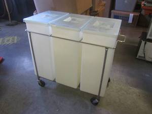 lot 89 image: (EW5) Commercial Ingredient Bin Cart - 3 Bins with Lids - Metal Frame Cart with Wheels