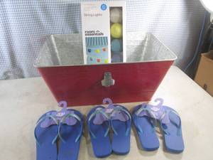 lot 100 image: (EW4) Metal Red BeverageIce Tub with Bottle Opener 22 12 x 15 x 9 34 H, String Light Set and Flip-Flops