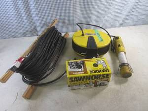 lot 156 image: (F-0) Bayco Reel Work Light (Needs Bulb), Old Extension Cord and Saw Horse Brackets