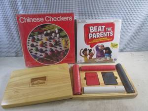 lot 163 image: (EW4) Marlboro Pocker Set in Wood Box 2 Decks of Cards and Poker Chips Are Sealed, Beat The Parents and Chinese Checkers Games Are Both Sealed