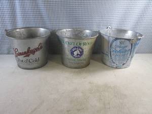 lot 177 image: (BS) Metal Beer Buckets with Handles Leinenkugels, Rolling Rock and Michelob Golden Light 7 14 H x 9 W