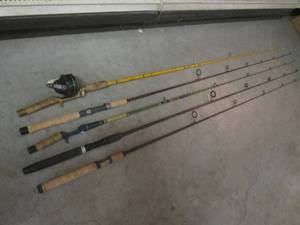 lot 213 image: (EW1) Fishing Rods Including Garcia Graphite Pro, Fenwick Eagle GT, Pflueger Trion IM-8 Graphite, Garcia Conolon 8228-A and Eagle Claw Wright & McGill Sweetheart No. M2RC-6 12 Pole with Johnson Sabra Model 130B Reel