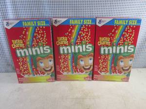 lot 325 image: (B-1) 3 Family Size Boxes Lucky Charms Minis Cereal 18.6oz Best by March 2024