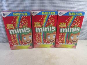 lot 326 image: (B-2) 3 Family Size Boxes Lucky Charms Minis Cereal 18.6oz Best by March 2024