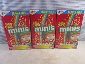 lot 327 image: (B-2) 3 Family Size Boxes Lucky Charms Minis Cereal 18.6oz Best by March 2024