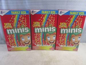 lot 328 image: (B-2) 3 Family Size Boxes Lucky Charms Minis Cereal 18.6oz Best by March 2024