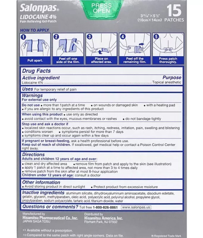 lot 219 image: NEW Salonpas Lidocaine Pain-Relieving Gel-Patch, 15 ct.