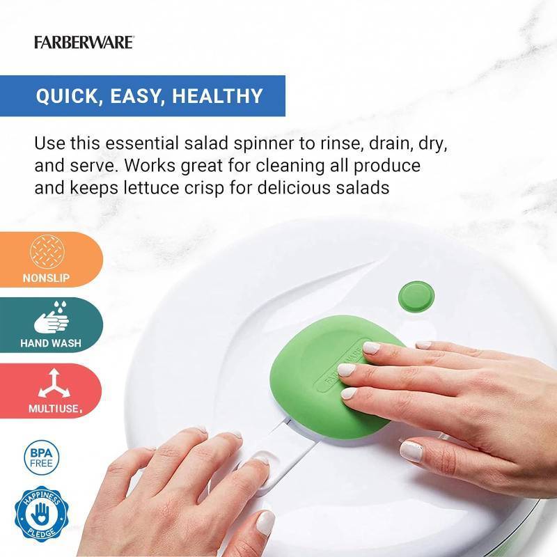 lot 241 image: Farberware Pump Activated Salad Spinner with Bowl, Colander and Built in draining System Large 6.6 quart, Green