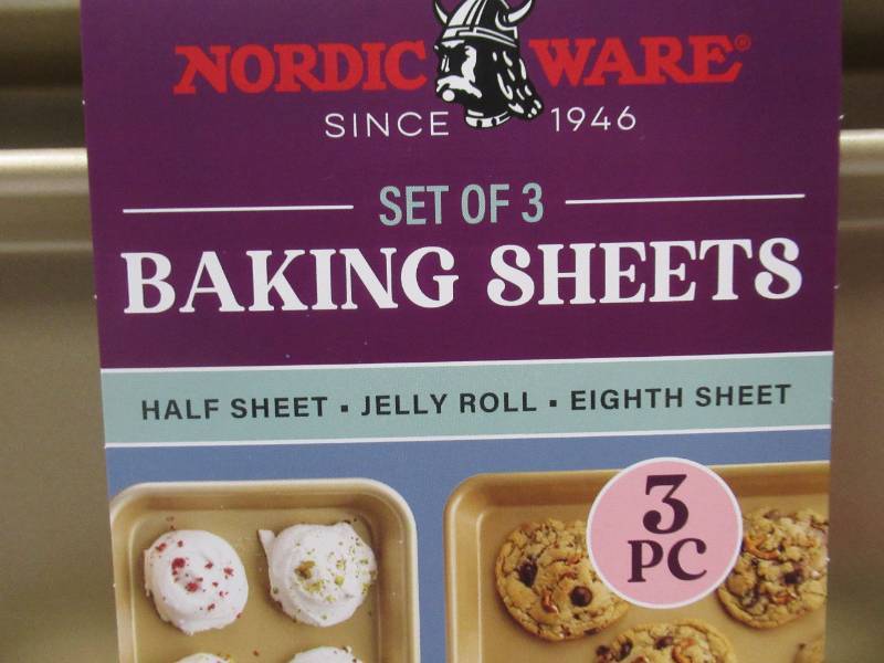 lot 246 image: NEW Nordic Ware 3-Piece Nonstick Baking Sheet Set, Half Sheet, Jelly Roll, & Eighth Sheet - Gold