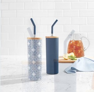 lot 197 image: NEW Members Mark 24-oz Stainless Steel Insulated Tumblers With Wood Lids And Stainless Steel Straws - Navy and Geo