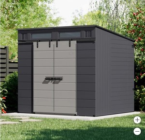 lot 106 image: NEW Suncast Modernist 8x7 Dual Barn Door Storage Shed - BSM8780T