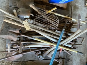 Lot of - Pick Axe, Axe, Pitch Forks, Post Hole Digger, Bolt Cutter, Shovels, Scythe