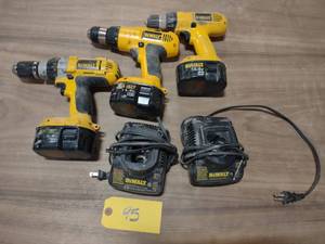 lot 95 image: Dewalt 14 Volt (3) Drills, & (2) Ch...
