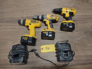lot 96 image: Dewalt 14 Volt (3) Drills, & (2) Ch...