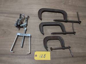 lot 128 image: (3) C-Clamps, & (2) Pullers...
