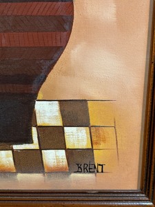 lot 9 image: Flowers in Brown Vase, a mid to late 20th-century oil painting by Brent