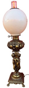 lot 48 image: B&P Hand Paint Glass Globe Ornate Brass Lamp Classical Maidens & Cherubic Angels