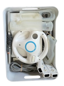 lot 16 image: 2 Nintendo Wii Console 3 Controllers Steering Wheel Wires Charging Base & More