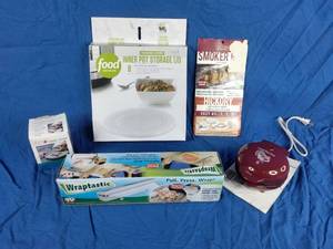 lot 113 image: New 5 Kitchen Items Wraptastic Eva, Cheese Grater Inner Pot Storage Lid Camerons, Smoker Bag Nostalgia, Waffle Maker