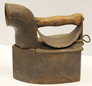lot 13 image: Victorian Cast Iron Coal Iron With Chimney And Original Wood Handle   1860s Vintage cloth Iron Laundry