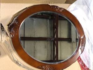 lot 16 image: Home Decorators Collection Winslow 30 in. W x 38 in. H Round Wood Framed Wall Bathroom Vanity Mirror in cherry  Customer Returns See Pictures