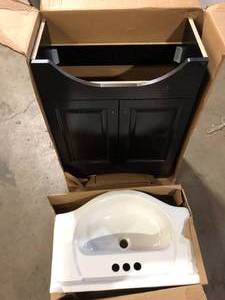 lot 23 image: Glacier Bay Chelsea 26 in. W x 18 in. D x 36 in. H Single Sink Freestanding Bath Vanity in Charcoal with White Porcelain Top  Customer Returns See Pictures