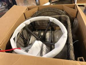 lot 27 image: Hampton Bay Chasewood Brown 4-Piece Wicker Patio Conversation Set with CushionGuard Biscuit Cushions  Customer Returns See Pictures