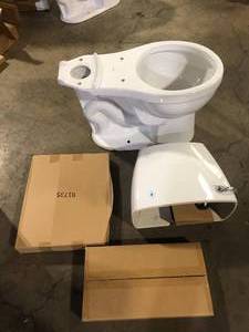 lot 29 image: Delta Foundations 2-Piece 1.28 GPF Single Flush Round Toilet in White  Customer Returns See Pictures