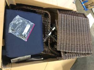 lot 31 image: Hampton Bay Cambridge Brown Wicker Outdoor Patio Swivel Rocking Chair with CushionGuard Midnight Navy Blue Cushions Customer Returns See Pictures