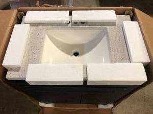 lot 32 image: Home Decorators Collection Clady 31 in. W x 19 in. D x 35 in. H Single Sink Bath Vanity in Deep Blue with Silver Ash Cultured Marble Top Customer Returns See Pictures