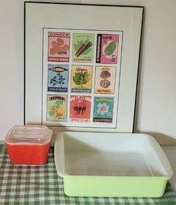 lot 2 image: Square Pyrex, refrigerator dish pyrex with lid and 11 x 14 framed spice poster