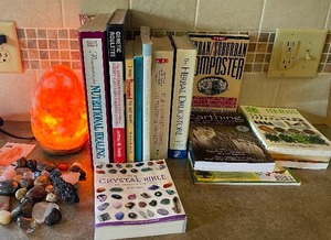 lot 15 image: Salt Lamp, Crystals, The Crystal Bible and Natural Healing Books