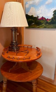 lot 41 image: Large Two Tier Maple Table, Brass Lamp and Oil on Canvas