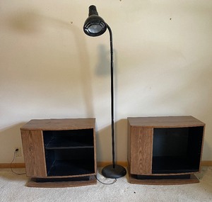 lot 48 image: Two Pressed Wood Side Tables and Floor Lamp