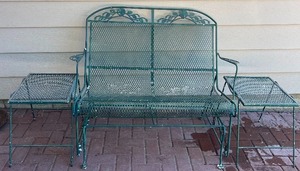 lot 20 image: Outdoor Metal Bench and matching set of side tables