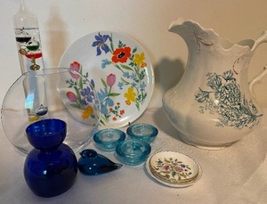lot 69 image: Galileo Thermometer, Blue Glass ware, Ironstone Pitcher