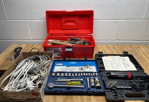 lot 203 image: Toold Box with Tools, Socket Set and Misc.