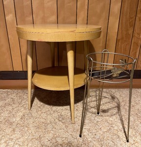 lot 237 image: Midcentury Blond Table and Brass Plant Stand