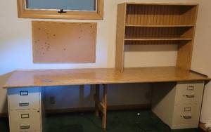 lot 106 image: Makeshift desk with Bookcase and two short filing cabinets