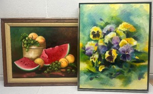 lot 256 image: Two Oil on Canvas Fruit Bowl